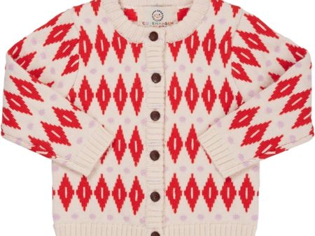 Copenhagen Colors Cream Red Combi Harlequin Merino Classic Cardigan For Discount