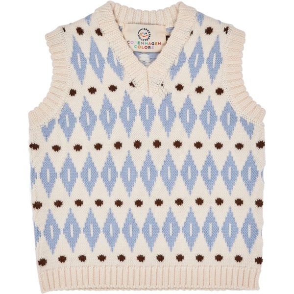 Copenhagen Colors Cream Blue Combi Harlequin Merino Classic Vest on Sale